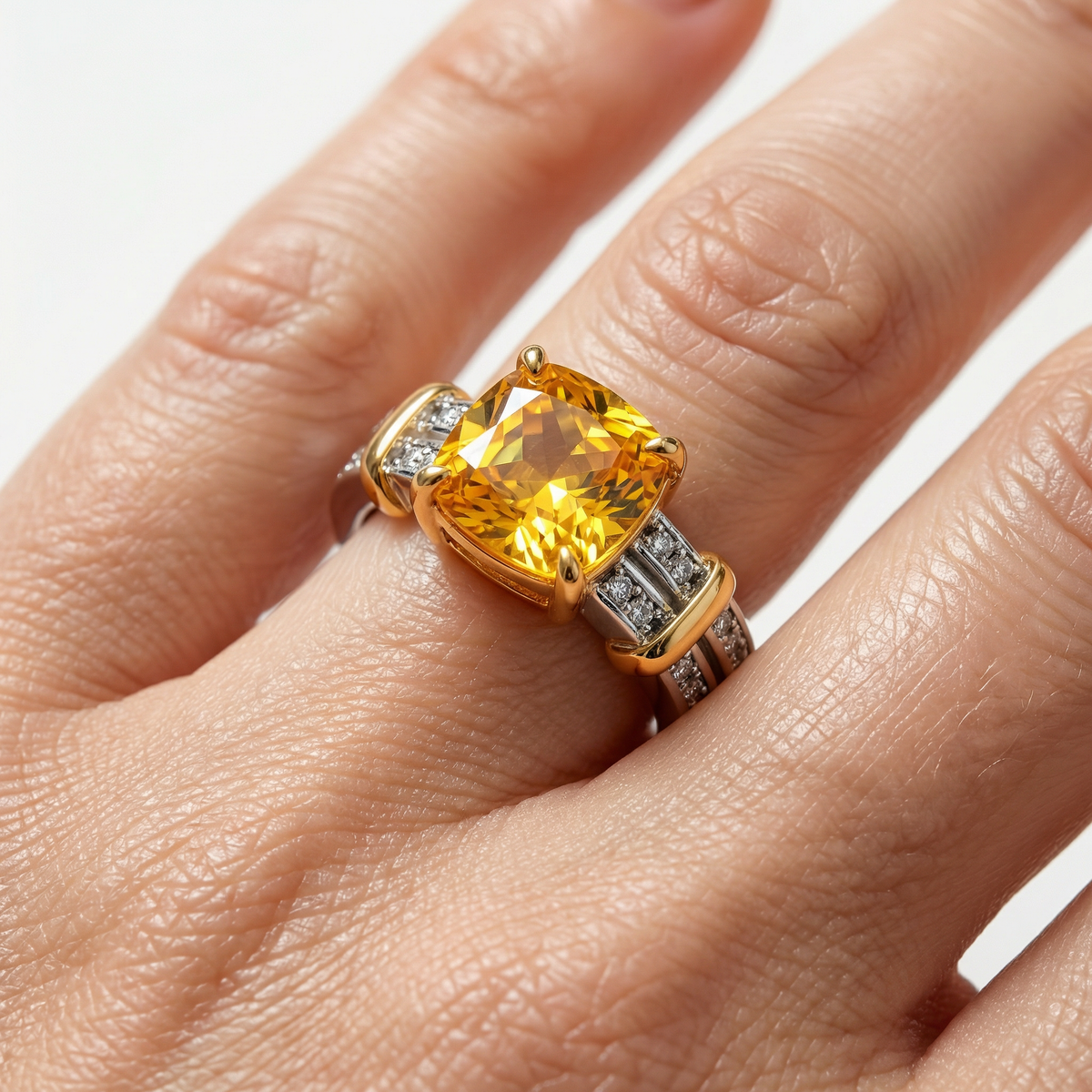Double Bar Ring with Yellow Cushion Stone – on White Gold