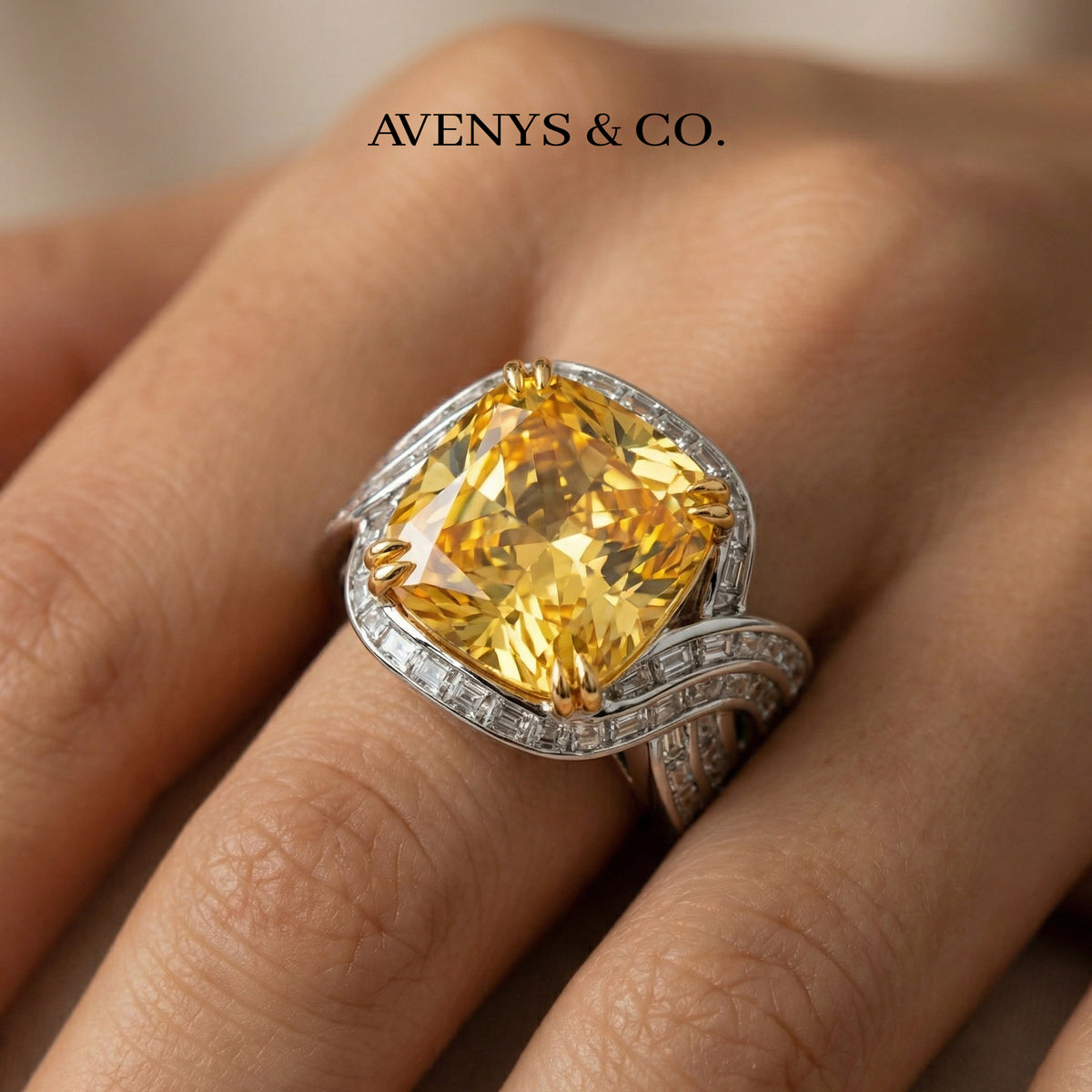 Citadel Pave Ring with Yellow Cushion Stone – on White Gold