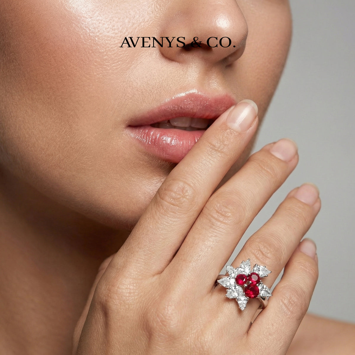 Cherry Cluster Ring with Red Round Stone – on White Gold