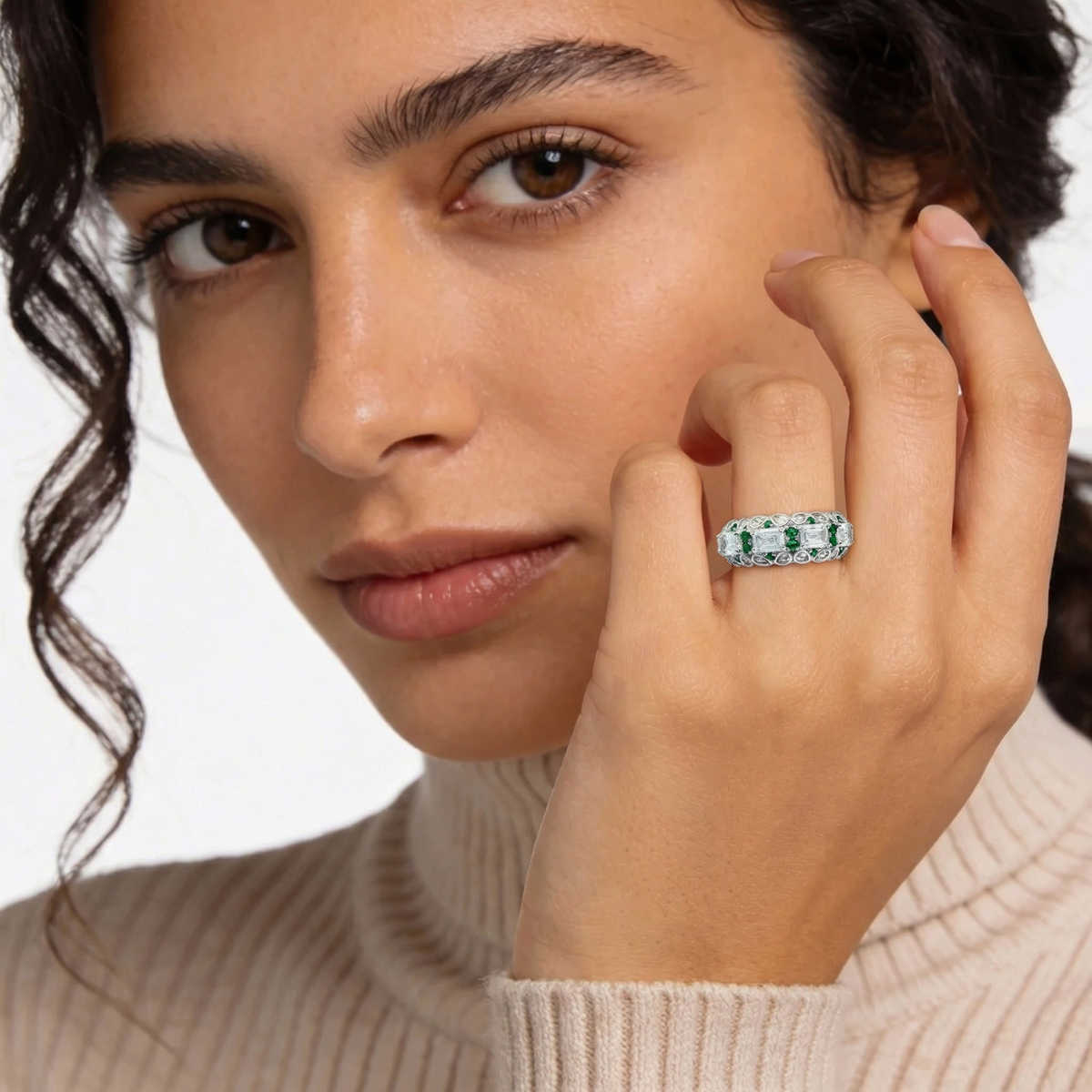 Greenfire Ring with White Emerald Stone – on White Gold