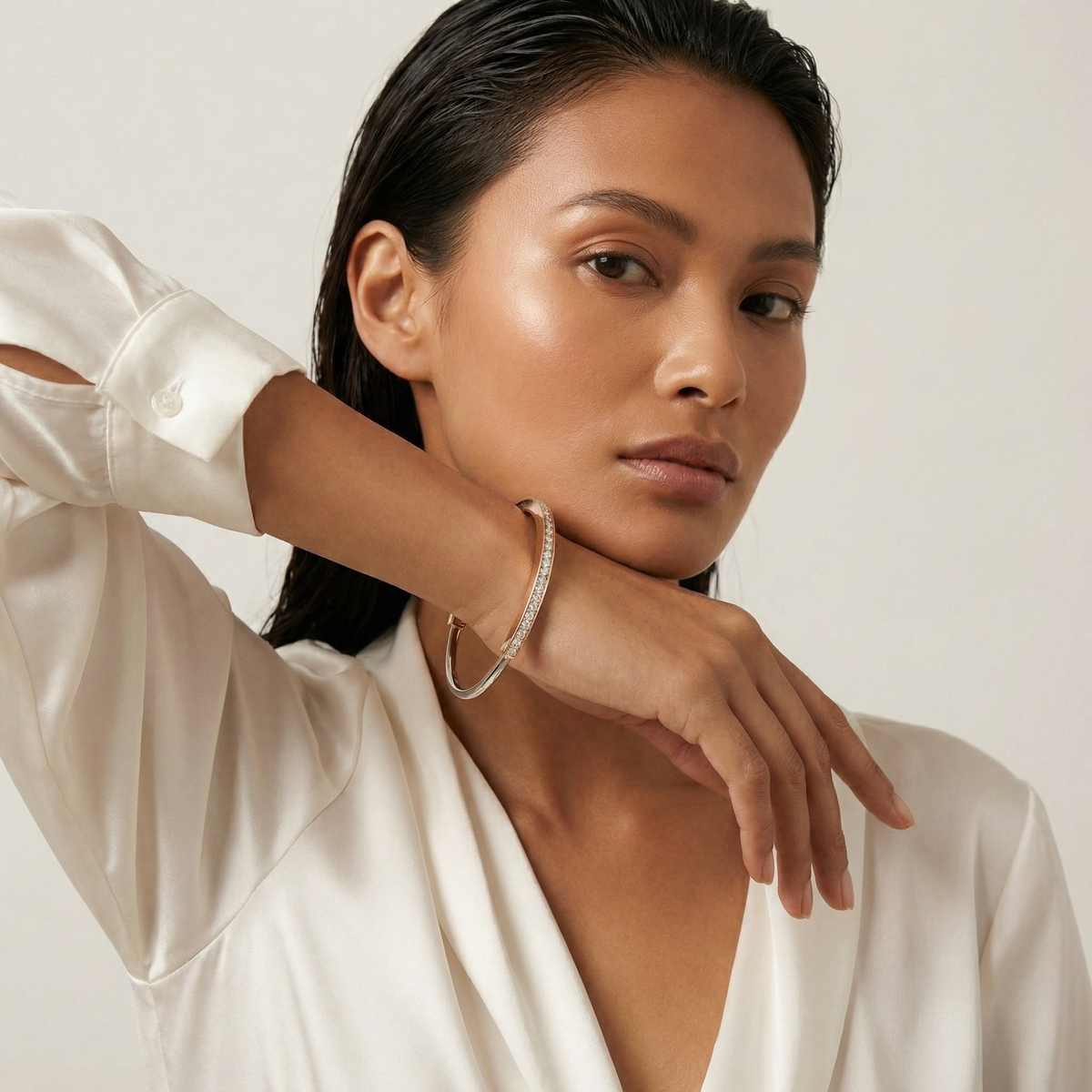 Lock Bangle with White Round Stone – on Yellow Gold