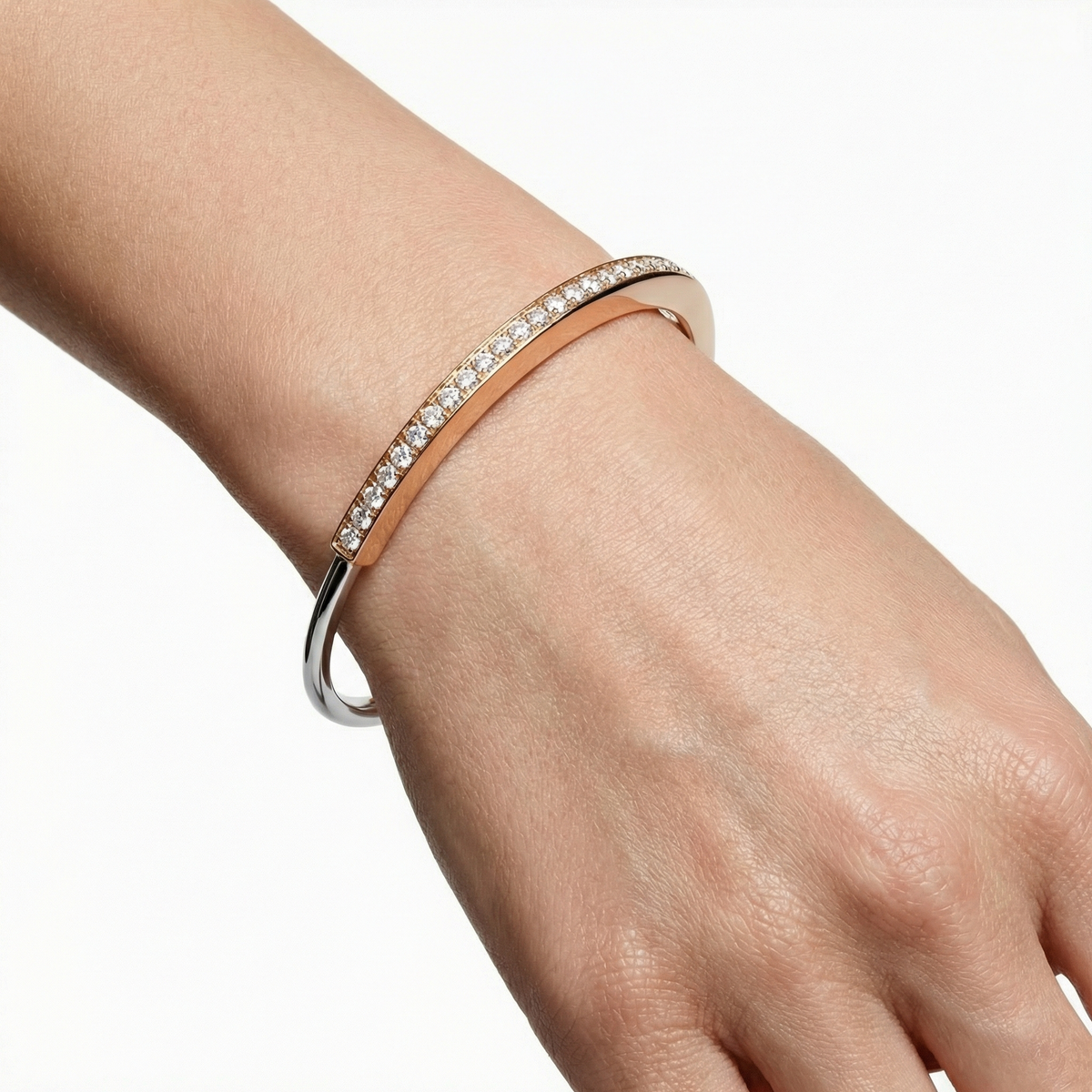 Lock Bangle with White Round Stone – on Yellow Gold