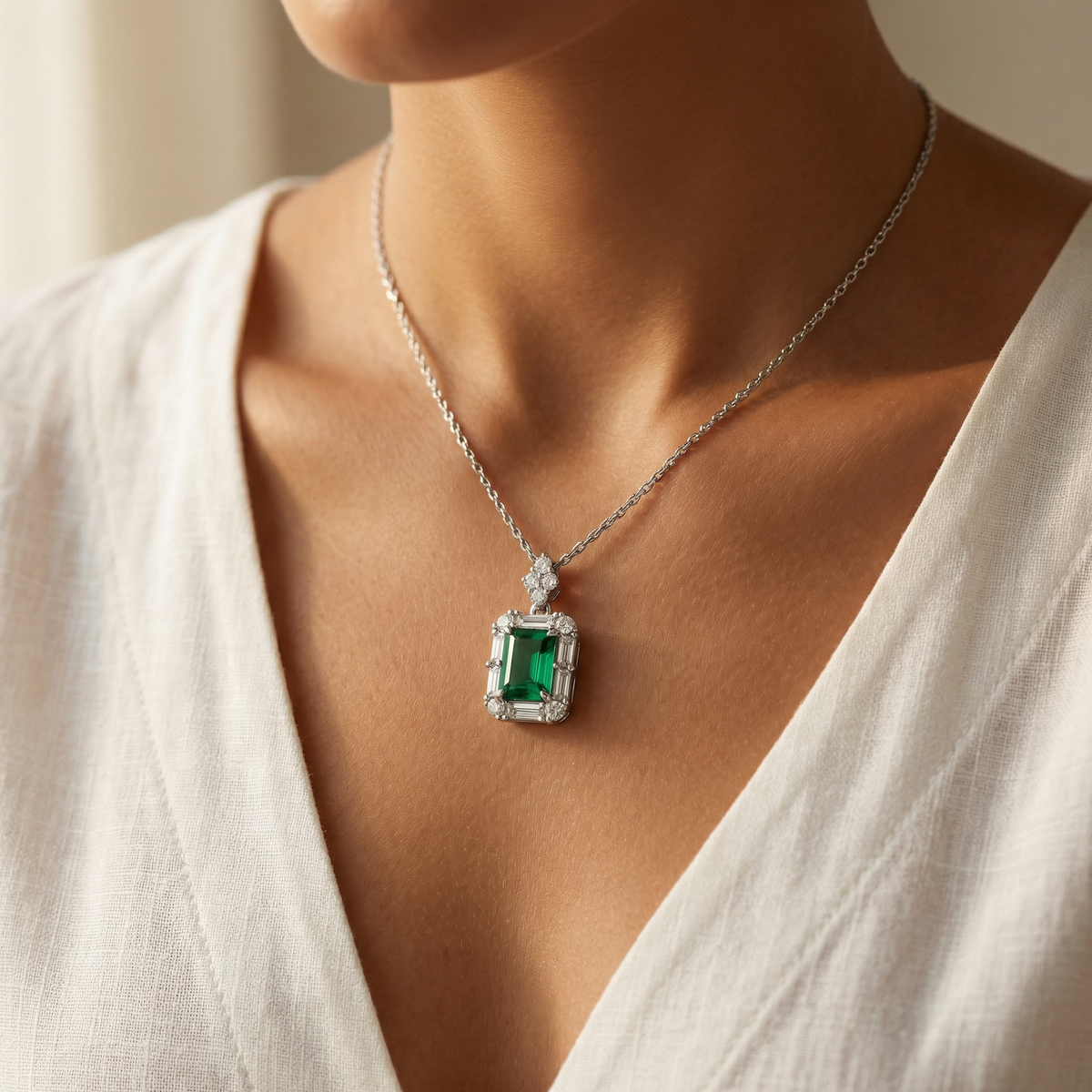 Eden Pendant Necklace with Green Emerald Stone – on White Gold