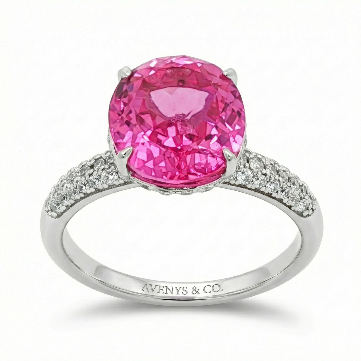 Oval Pave Ring with Pink Oval Stone – on White Gold