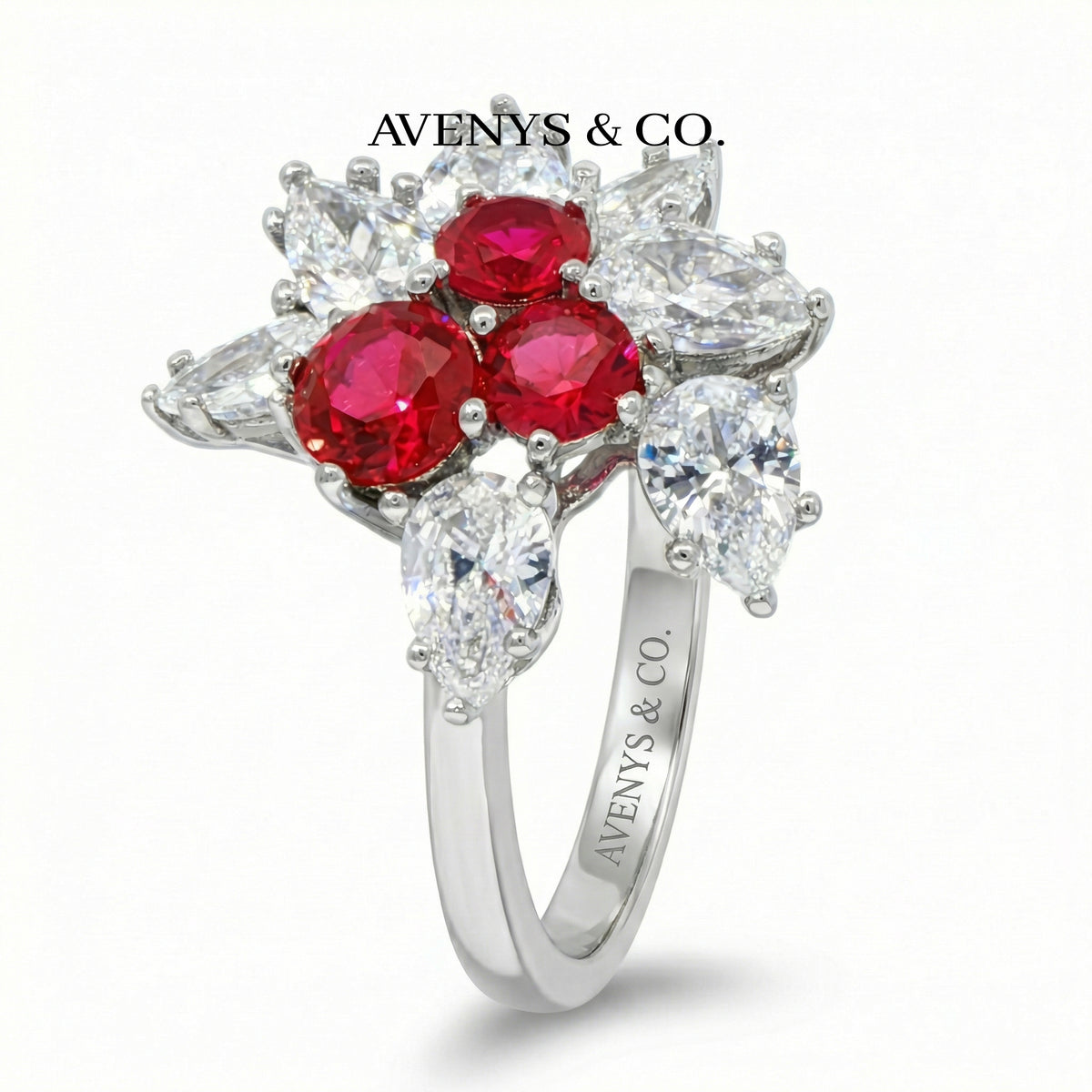 Cherry Cluster Ring with Red Round Stone – on White Gold