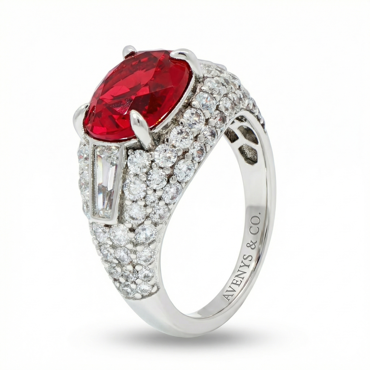 White Gold Plated Sterling Silver Multi-Stone Ring with Red Ruby