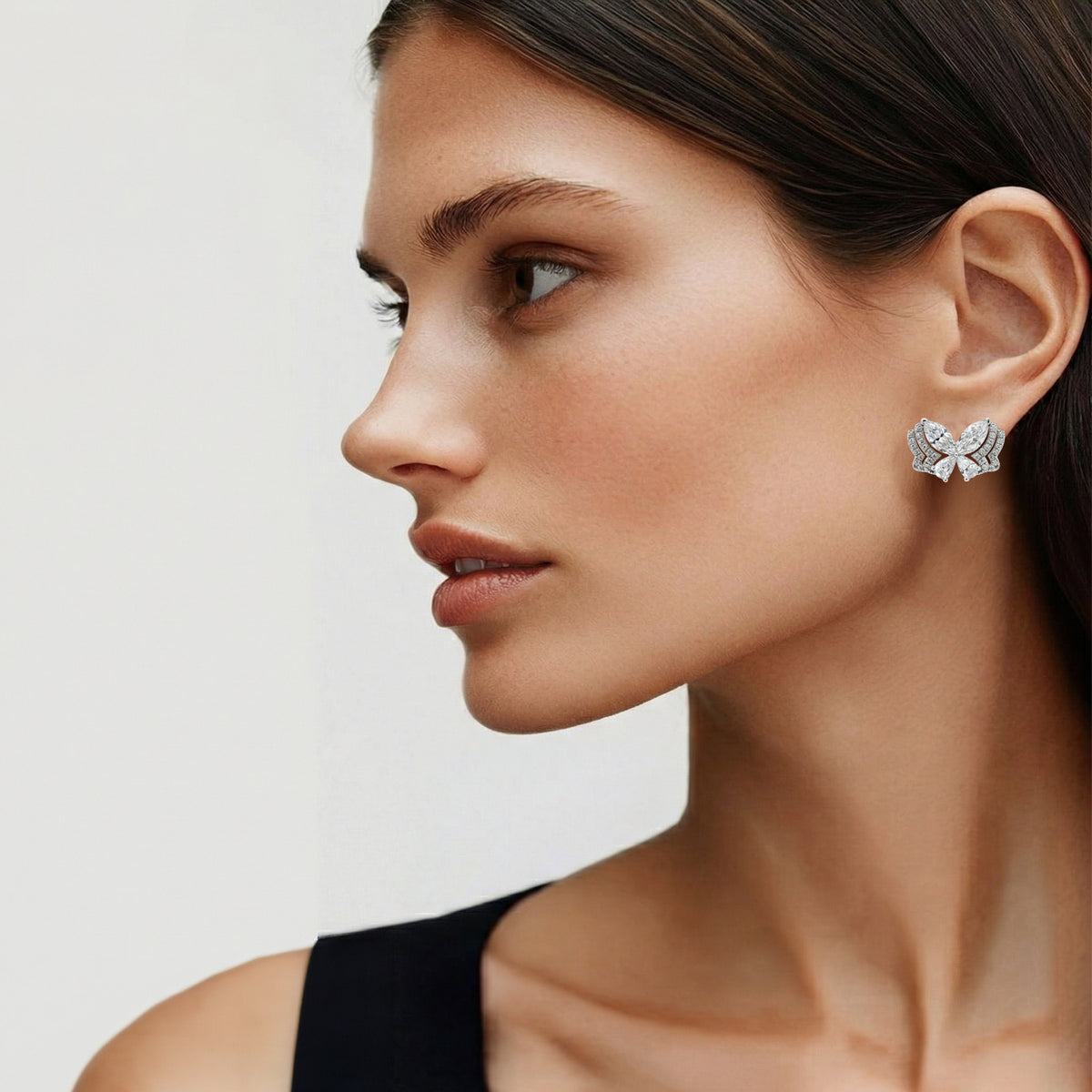 Butterfly Wide Earings with White Marquise Stone – on White Gold