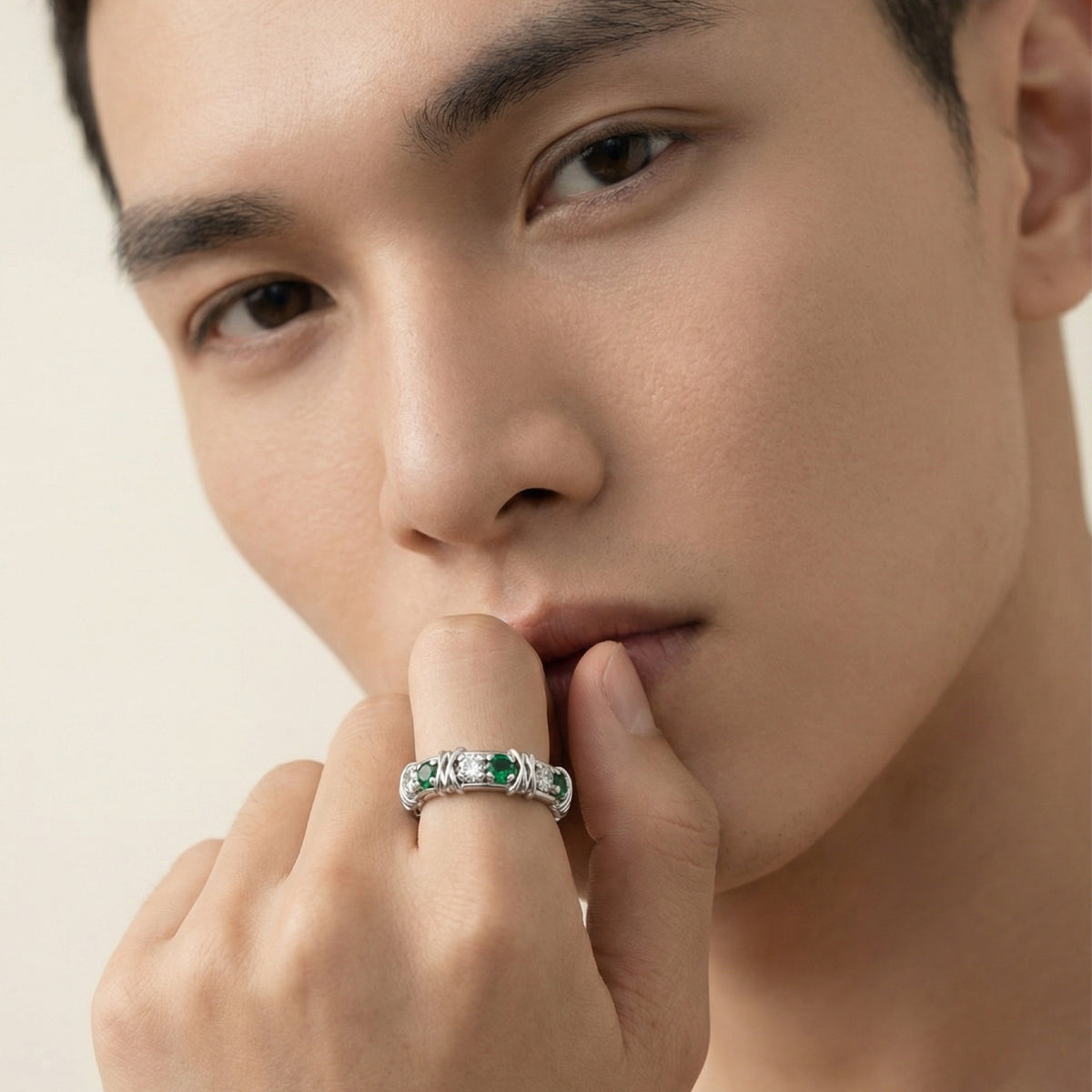 AV Signature Ring Mens with Green Round Stone – on White Gold