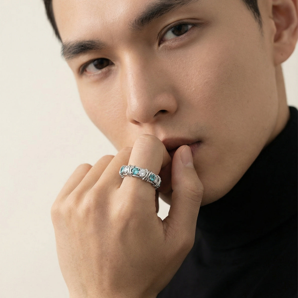 AV Signature Ring Mens with Paraiba Round Stone – on White Gold