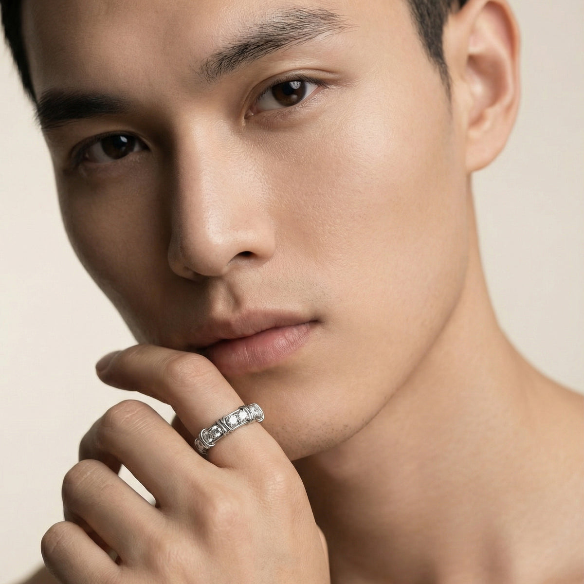 AV Signature Ring Mens with White Round Stone – on White Gold
