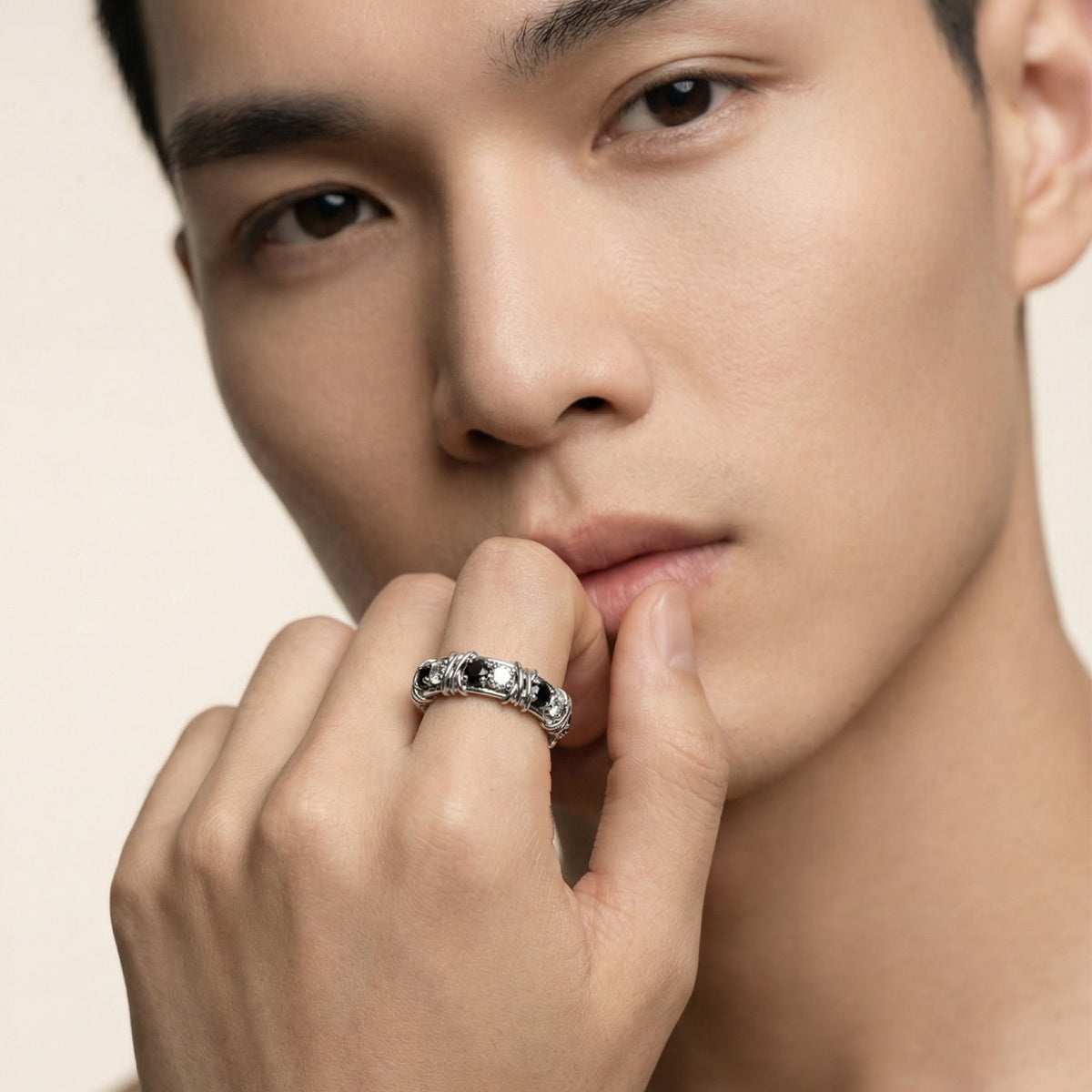 AV Signature Ring Mens with Black Round Stone – on White Gold