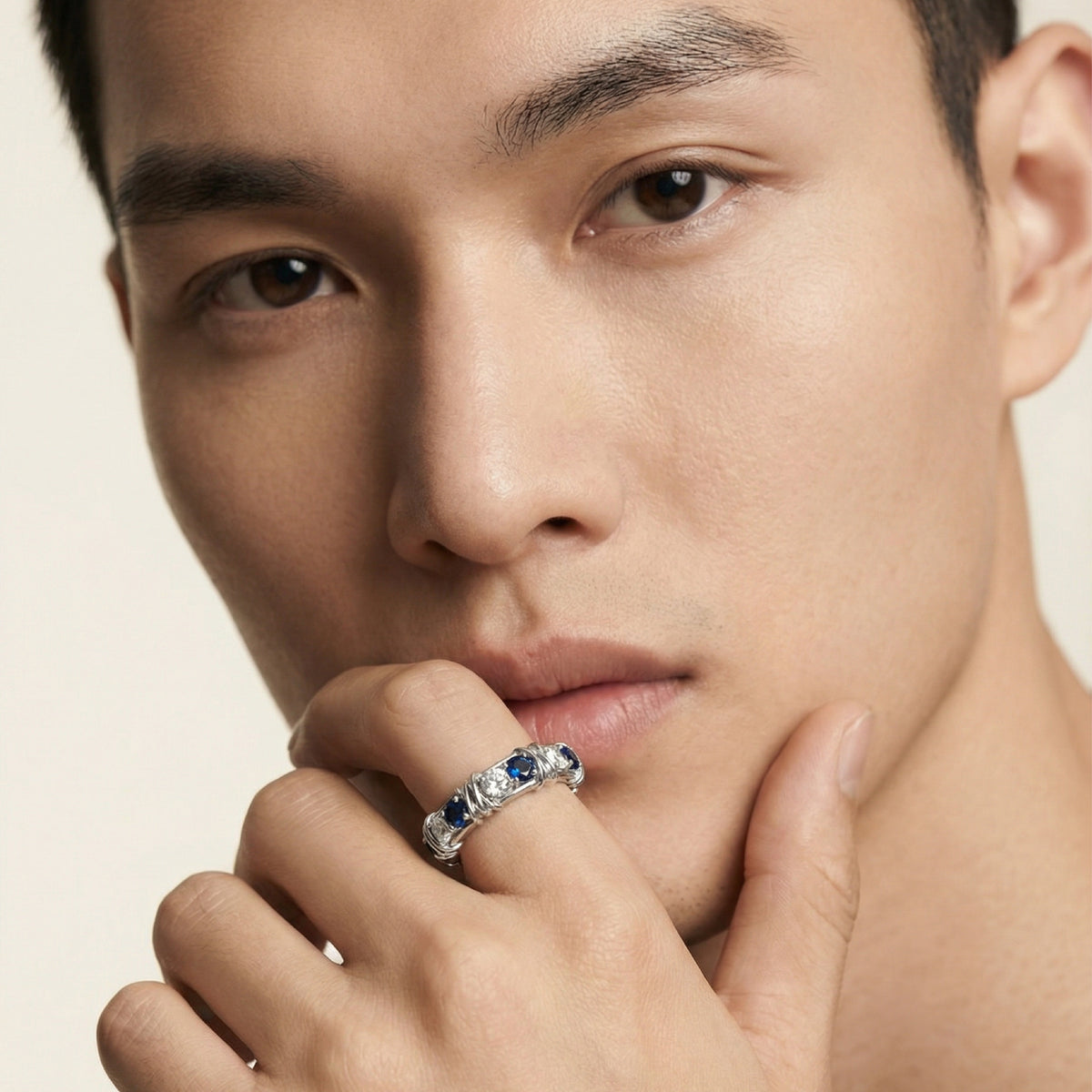 AV Signature Ring Mens with Blue Round Stone – on White Gold