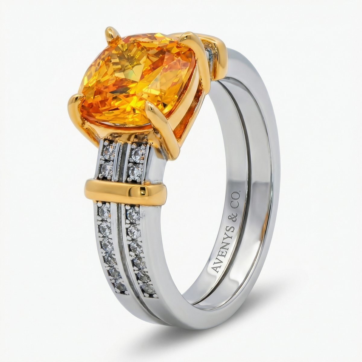 Double Bar Ring with Yellow Cushion Stone – on White Gold