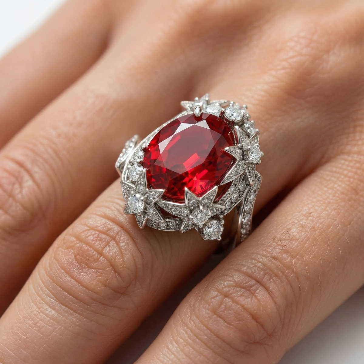 Starfall Pave Ring with Avenys Signature™ Oval Pigeon Blood Ruby – on White Gold