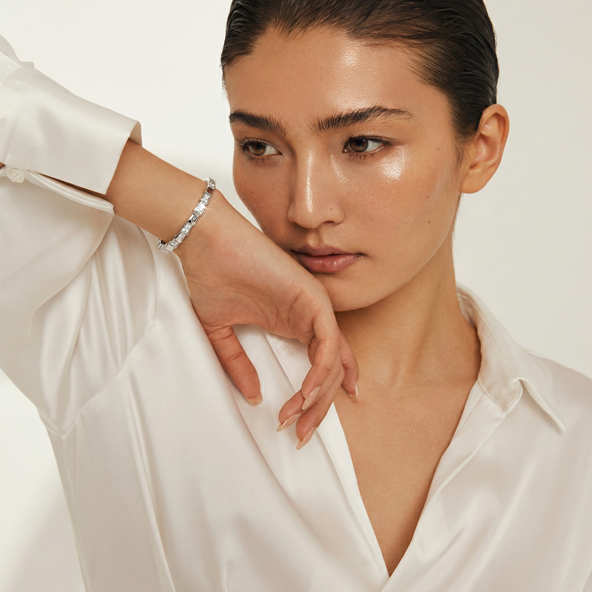 Coil Pave Bangle with White Round Stone – on White Gold