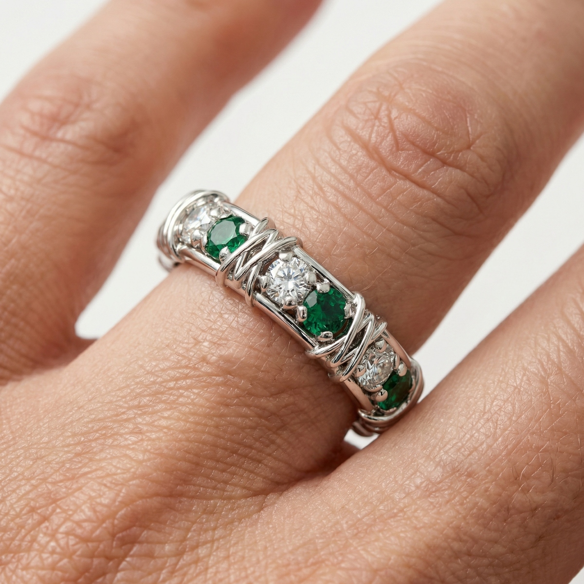 AV Signature Ring Mens with Green Round Stone – on White Gold