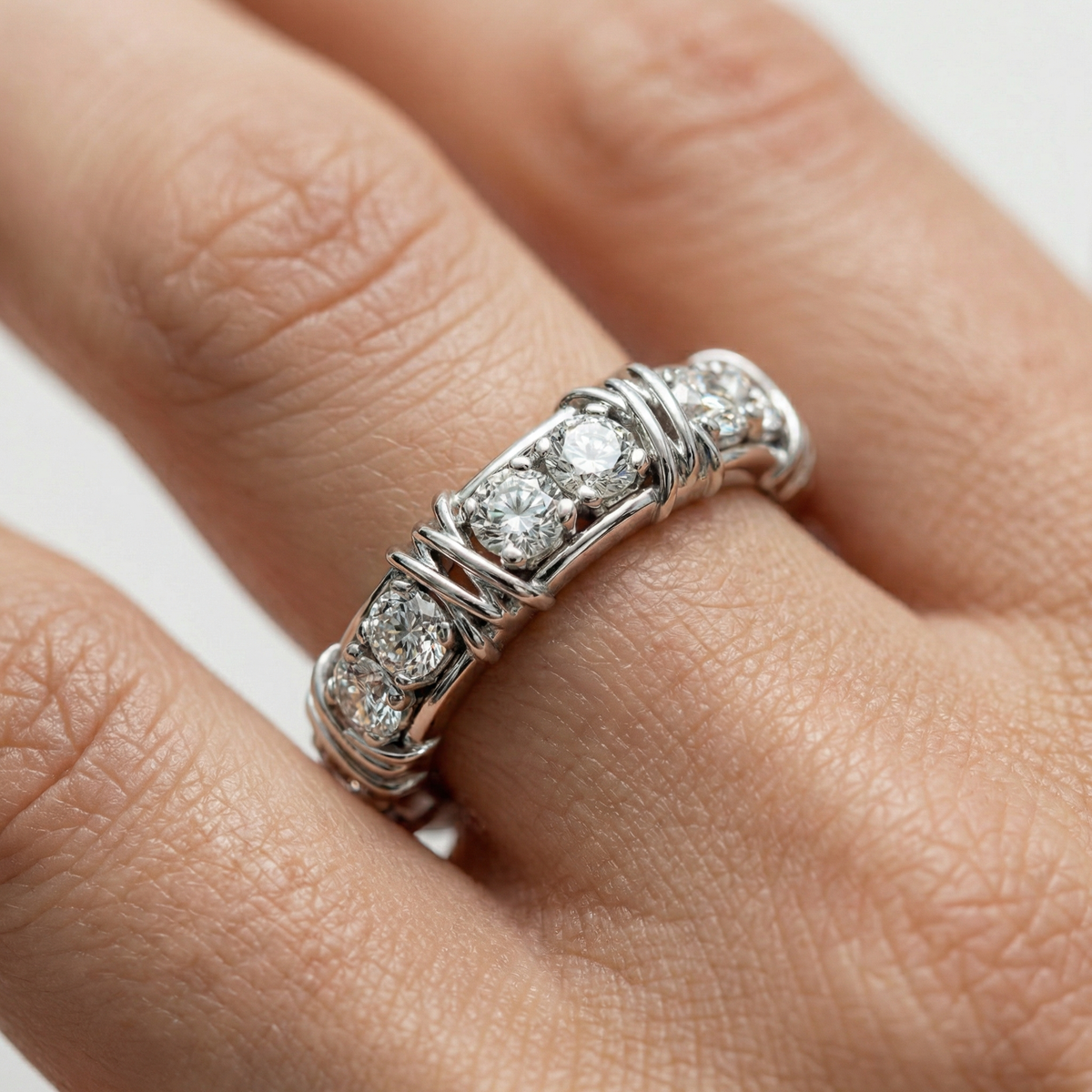 AV Signature Ring Mens with White Round Stone – on White Gold
