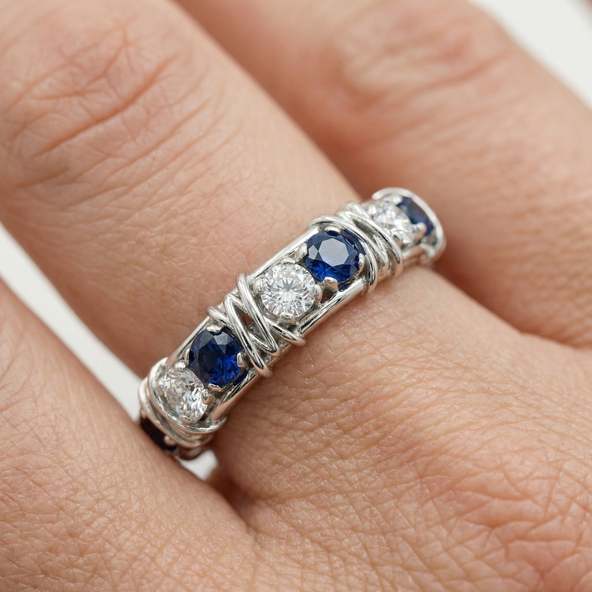 AV Signature Ring Mens with Blue Round Stone – on White Gold