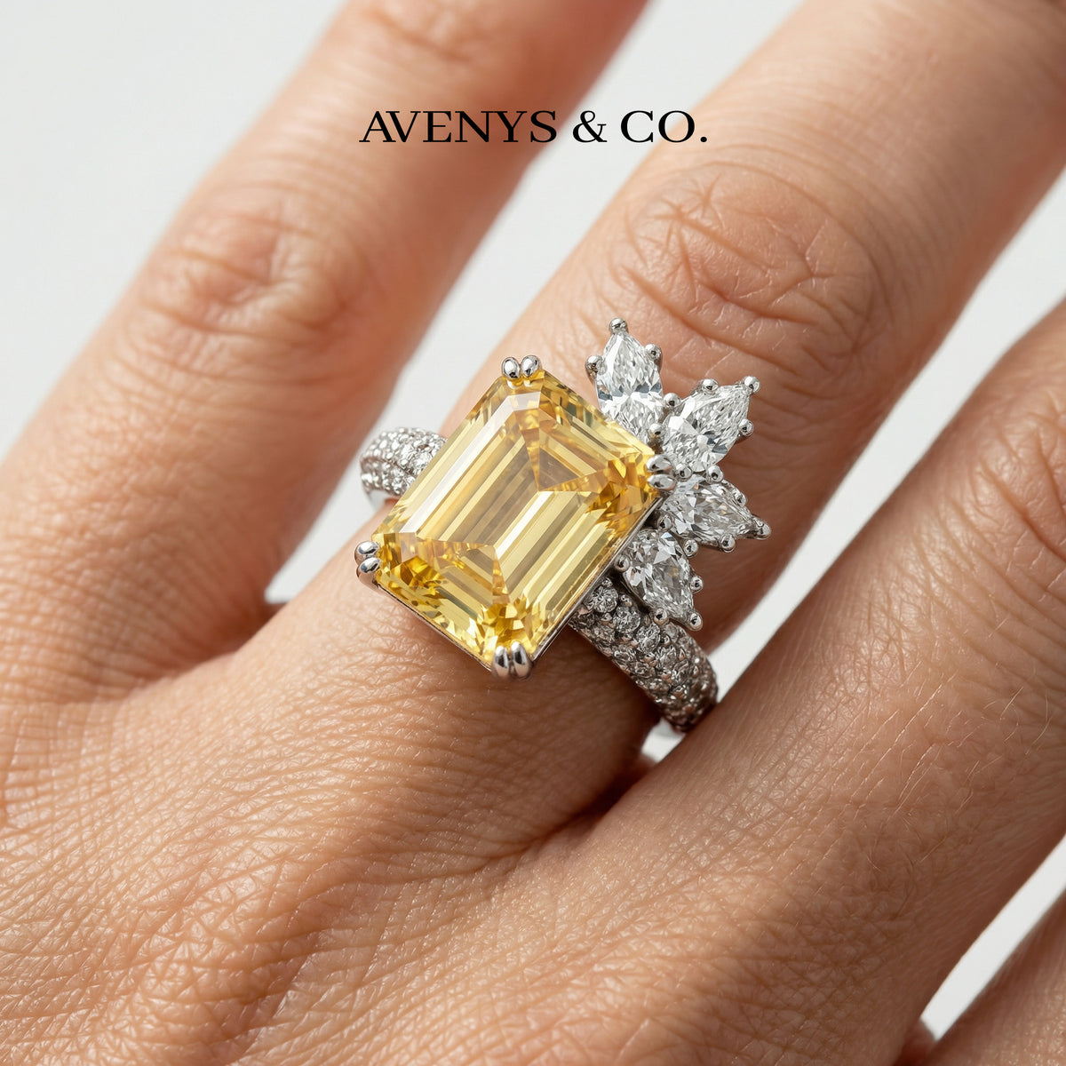 Lightwell Cluster Ring with Yellow Emerald Stone – on White Gold
