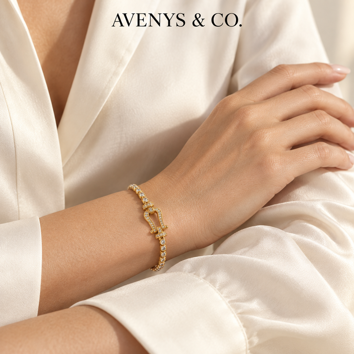 AV Anchor™ Tennis Bracelet - on Yellow Gold — Lifestyle view