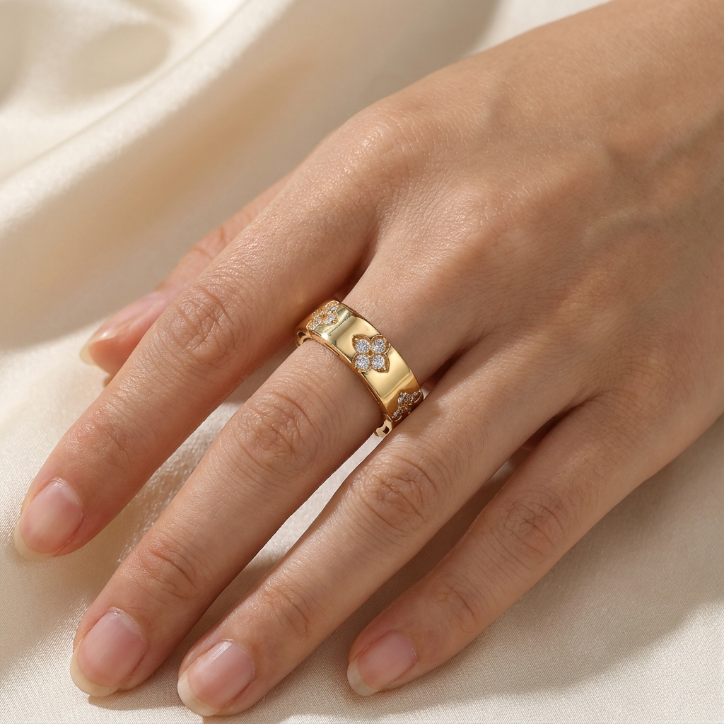 Quatrefoil Ring with White Round Stone – on Yellow Gold — Additional hand view of the matching quatrefoil band