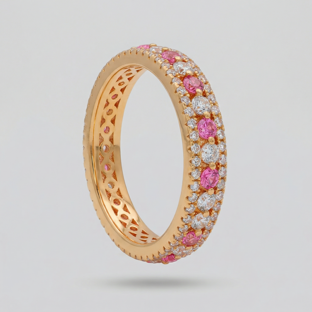 Rose Pave Band with Pink Round Stone – on Rose Gold — Opposite side of standing band