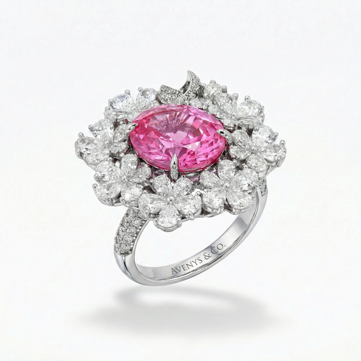 Flower Halo Ring with Pink Oval Stone – on White Gold — Additional low three-quarter angle
