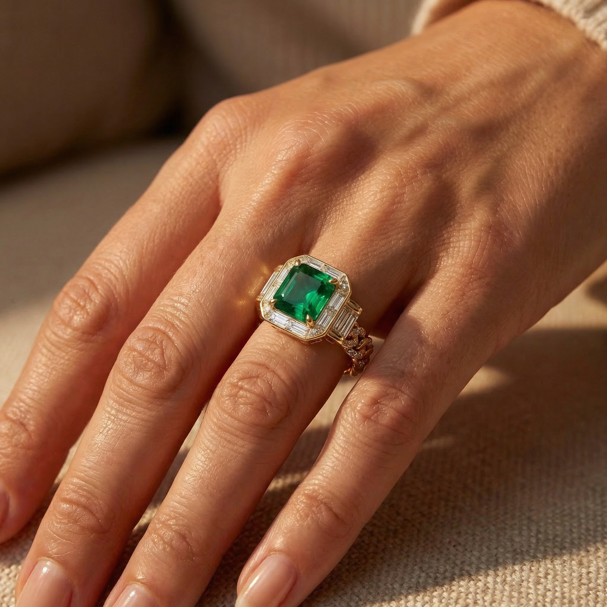 Catena Ring with Green Emerald Stone – on Yellow Gold — Additional hand scene showing the Catena ring