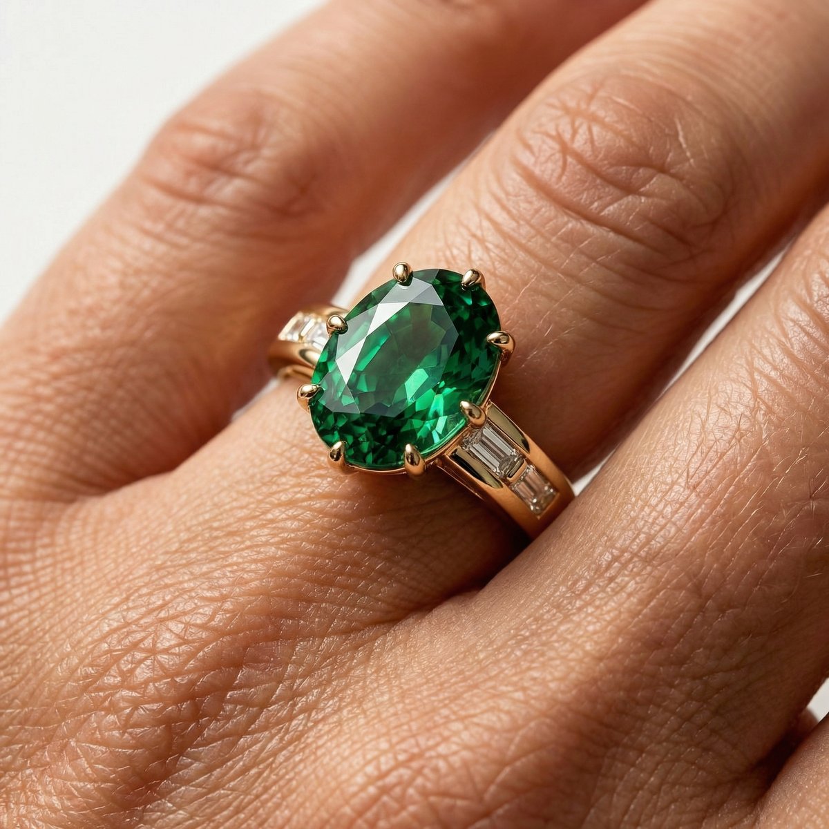 Oval Baguette Ring with Green Oval Stone – on Yellow Gold — Additional close on-hand angle