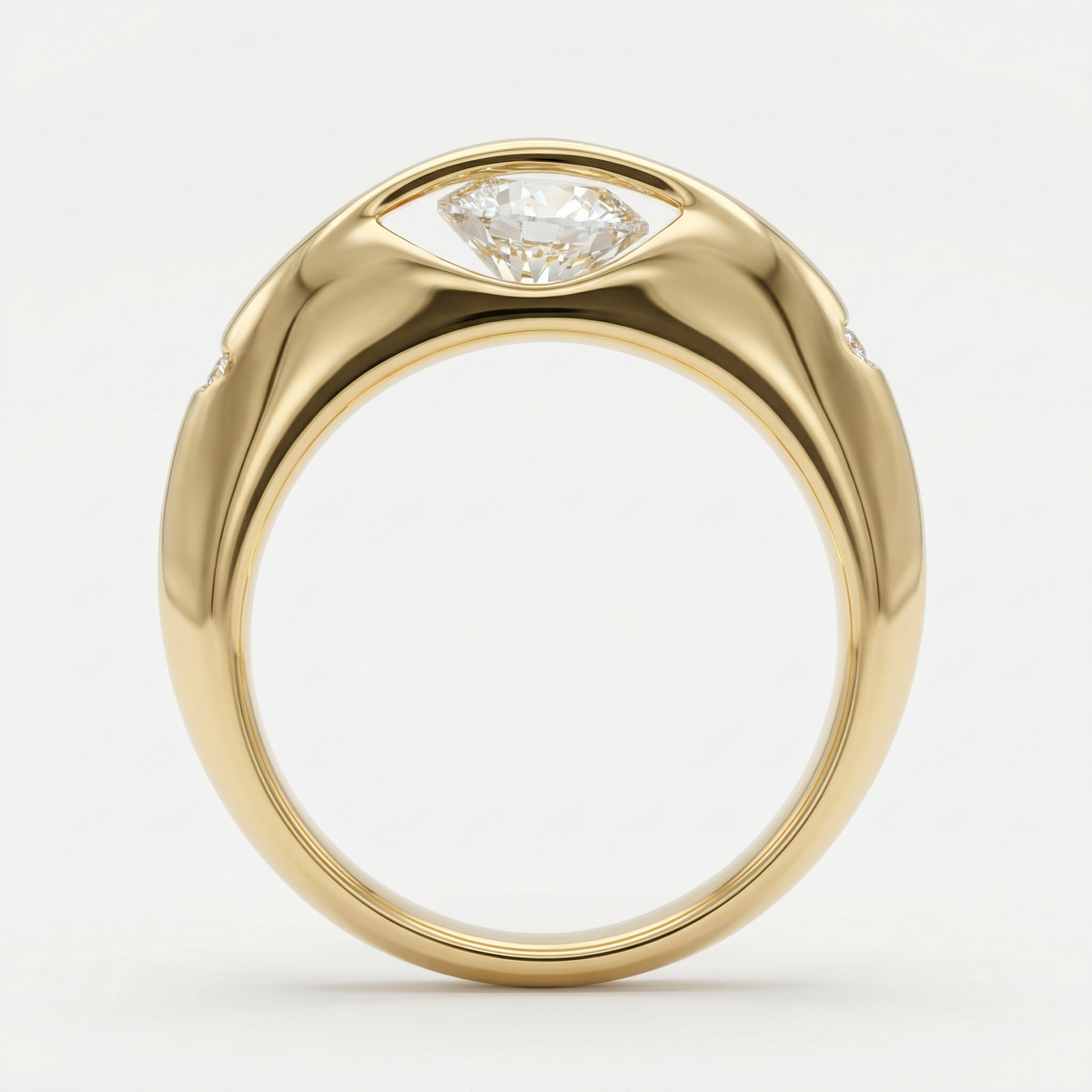 Dancing Diamonds Slim Ring with White Round Stone – on Yellow Gold — Straight rear profile of the suspended round stone