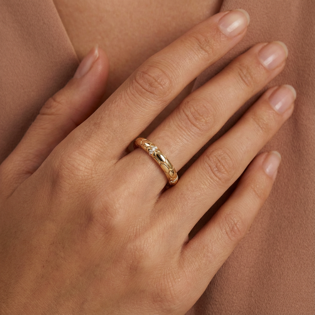 Dune Ring with White Round Stone – on Yellow Gold — Additional full-hand fit view