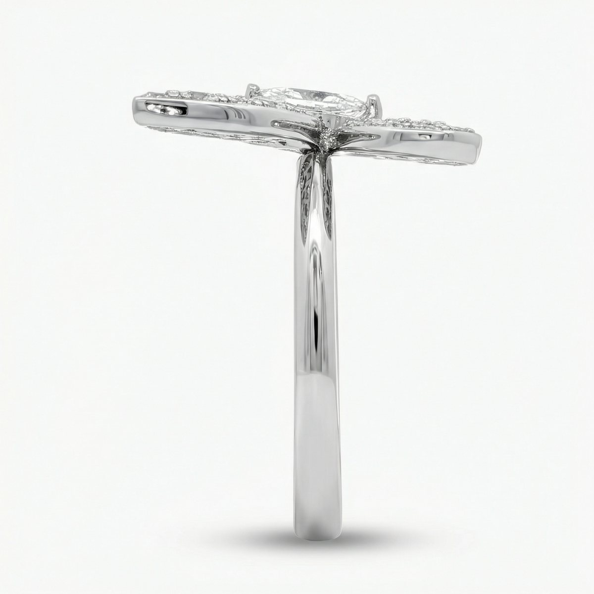 Butterfly Ring with White Round Stone – on White Gold — Direct butterfly setting side profile