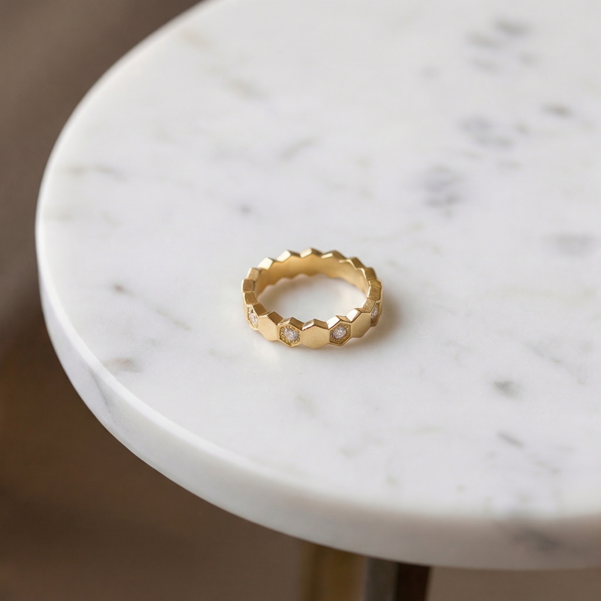 Honeycomb Ring with White Round Stone – on Yellow Gold — Additional marble-table product scene