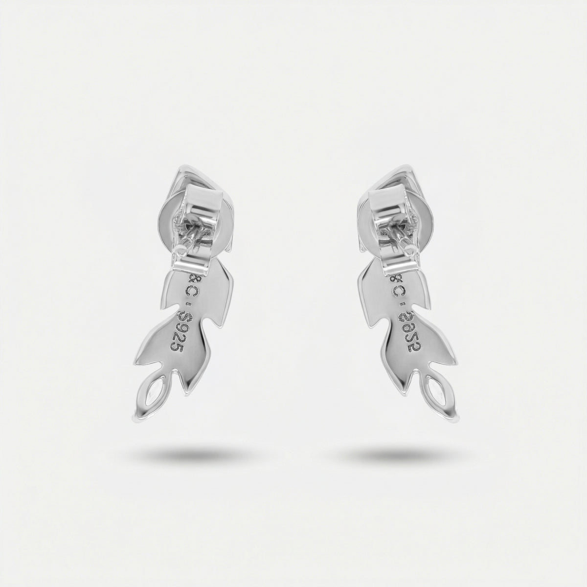 Leaf Earrings with White Round Stone – on White Gold — Rear earring view