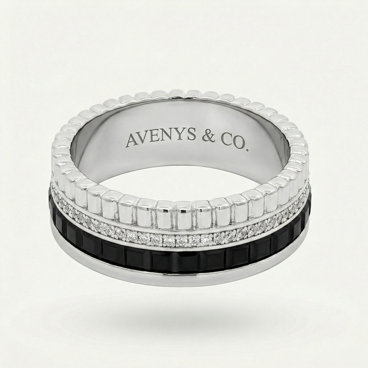 Quatre Ring Black with White Round Stone – on White Gold — Elevated reverse angle of black-inlay Quatre band