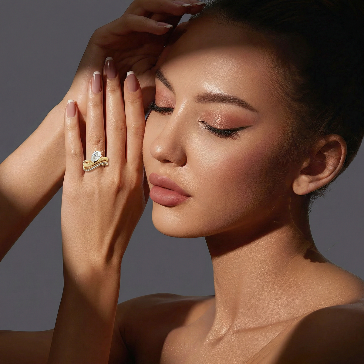 Wave Pave Double Ring with White Pear Stone – on Yellow Gold — Additional model view