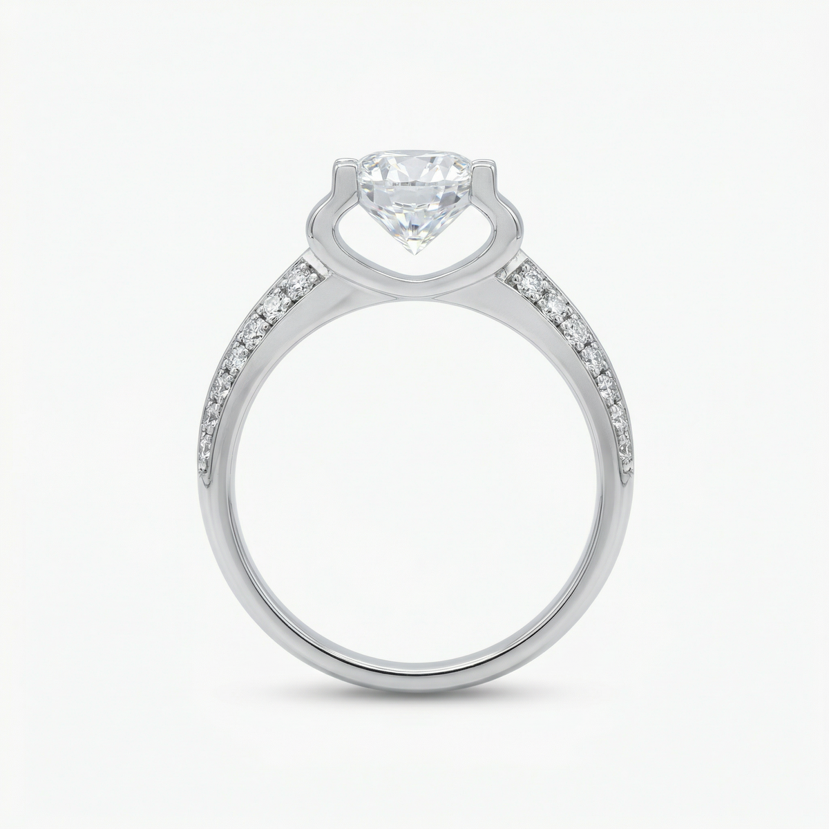 Suspension Max Pave Ring with White Round Stone – on White Gold — Straight setting profile showing square-tipped prongs and pave band