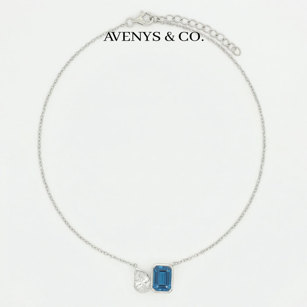 Duality Necklace with Blue Emerald Stone – on White Gold — Complete necklace and clasp overview; existing view is closer pendant/chain crop