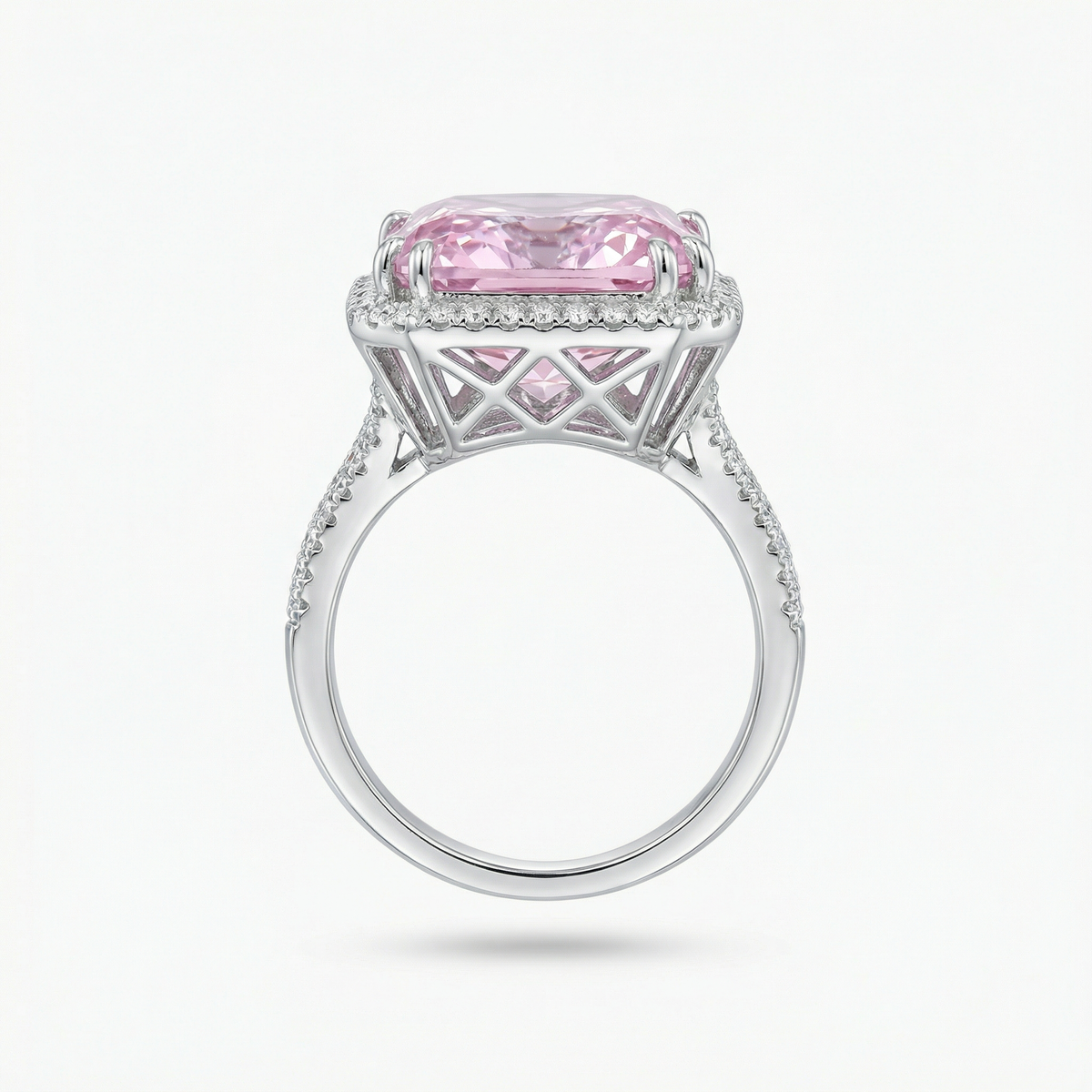 Sunset Radiant Ring with Pink Radiant Stone – on White Gold — Straight setting profile showing lattice basket and pave shank