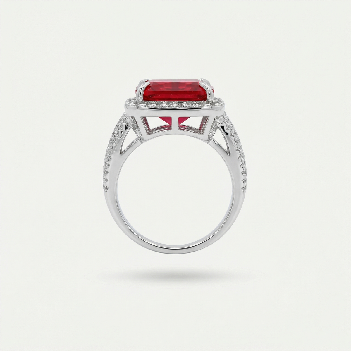 Triple Shank Radiant Ring with Red Radiant Stone – on White Gold — Direct setting/basket profile