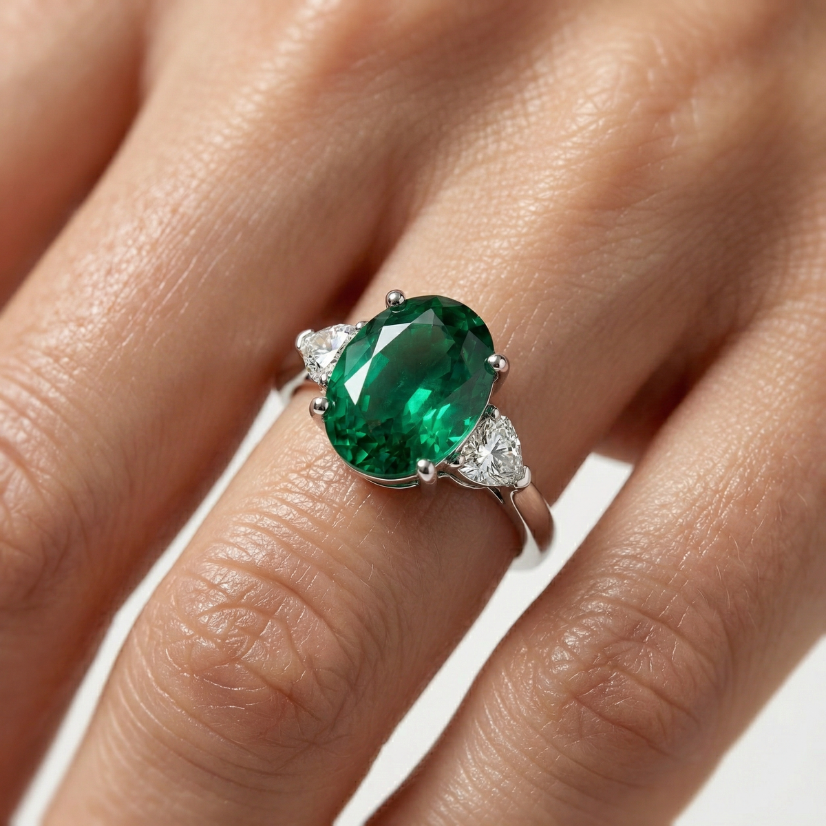 Oval Trilogy Pear Ring with Green Oval Stone – on White Gold — Additional oblique hand/fit view