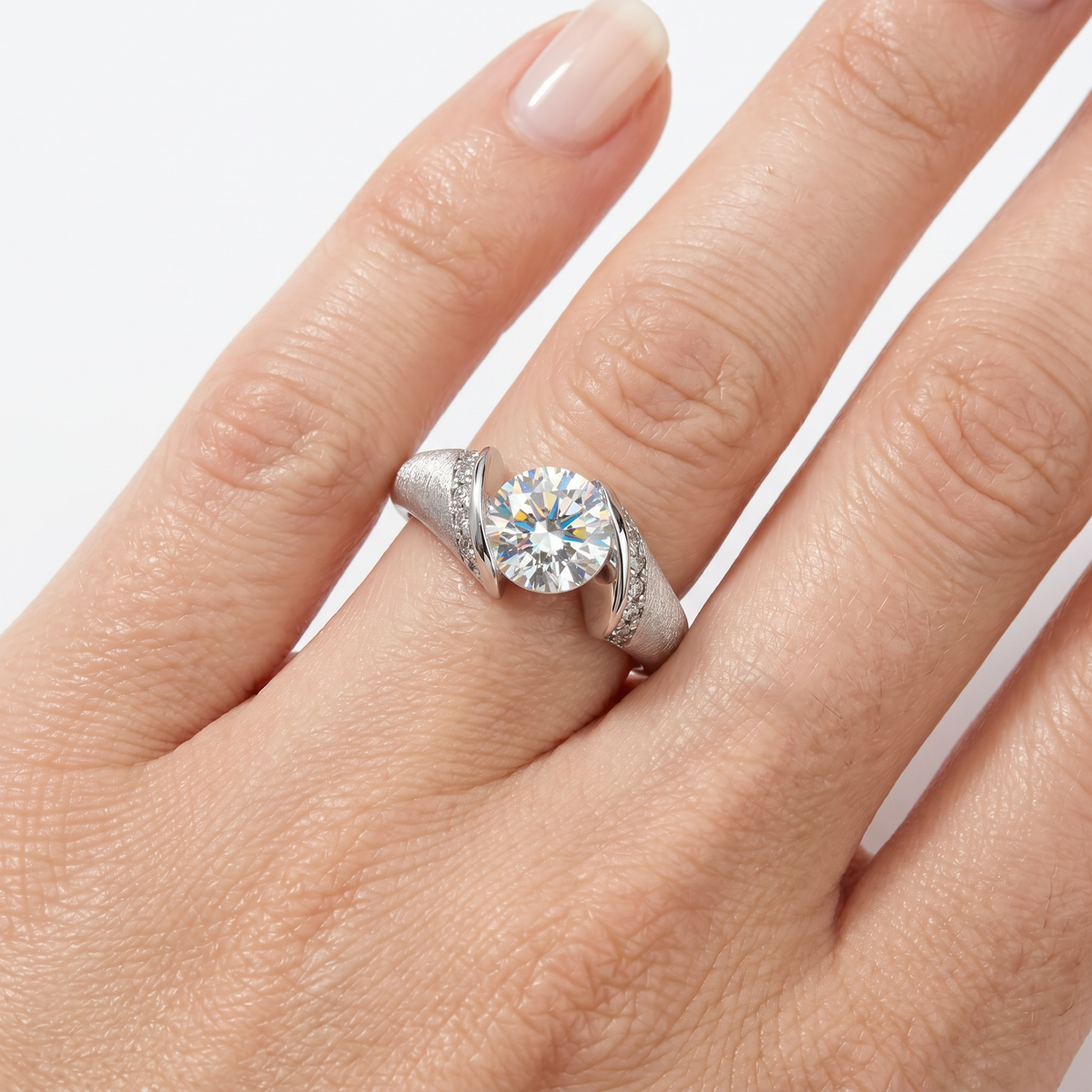 Floating Round Diamond Ring with White Round Stone – on White Gold — WEB view 5