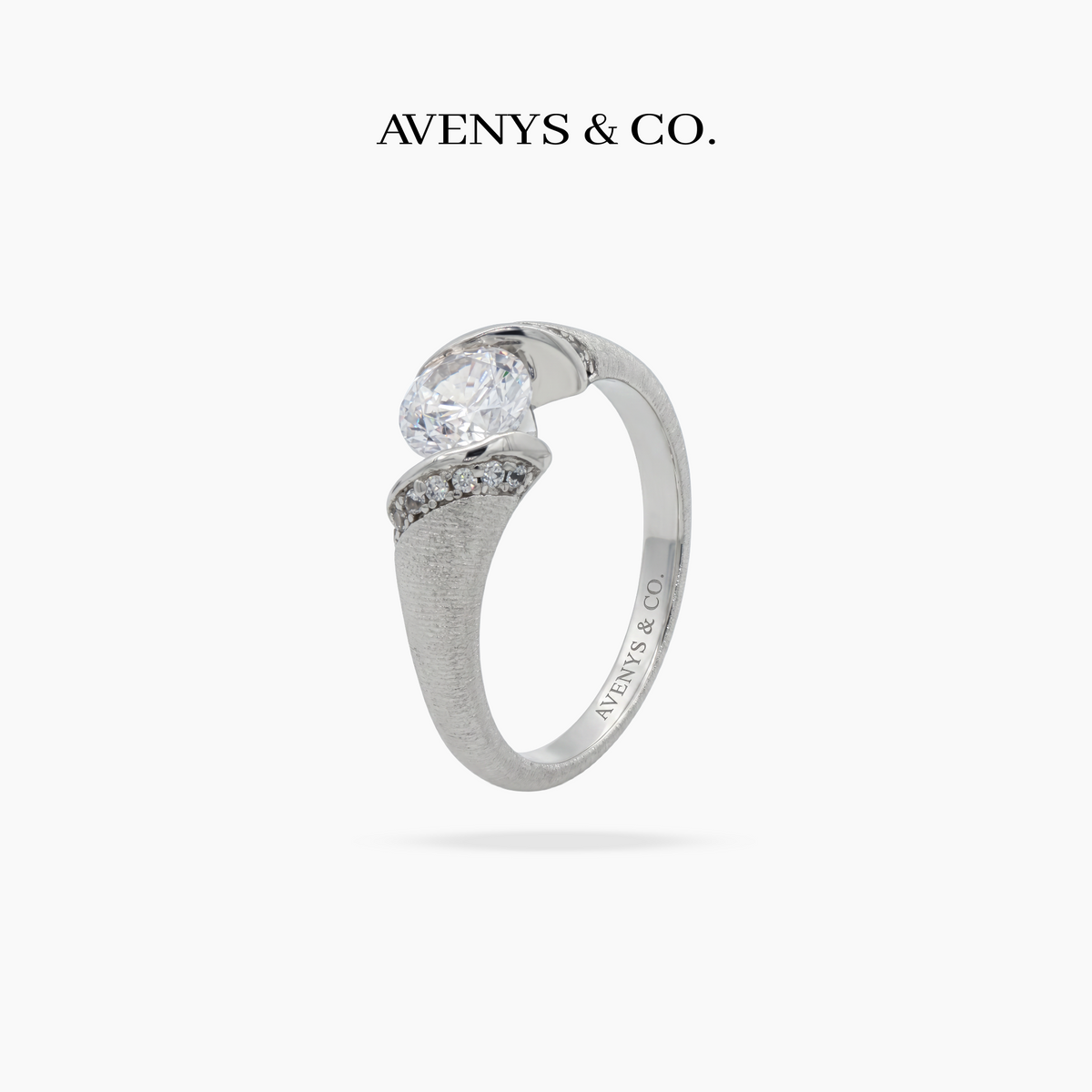Floating Round Diamond Ring with White Round Stone – on White Gold — WEB view 2