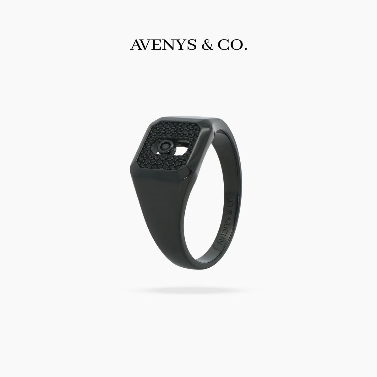 AV Glide™ Pave Signet Ring - on Black Gold — black stones, angled view