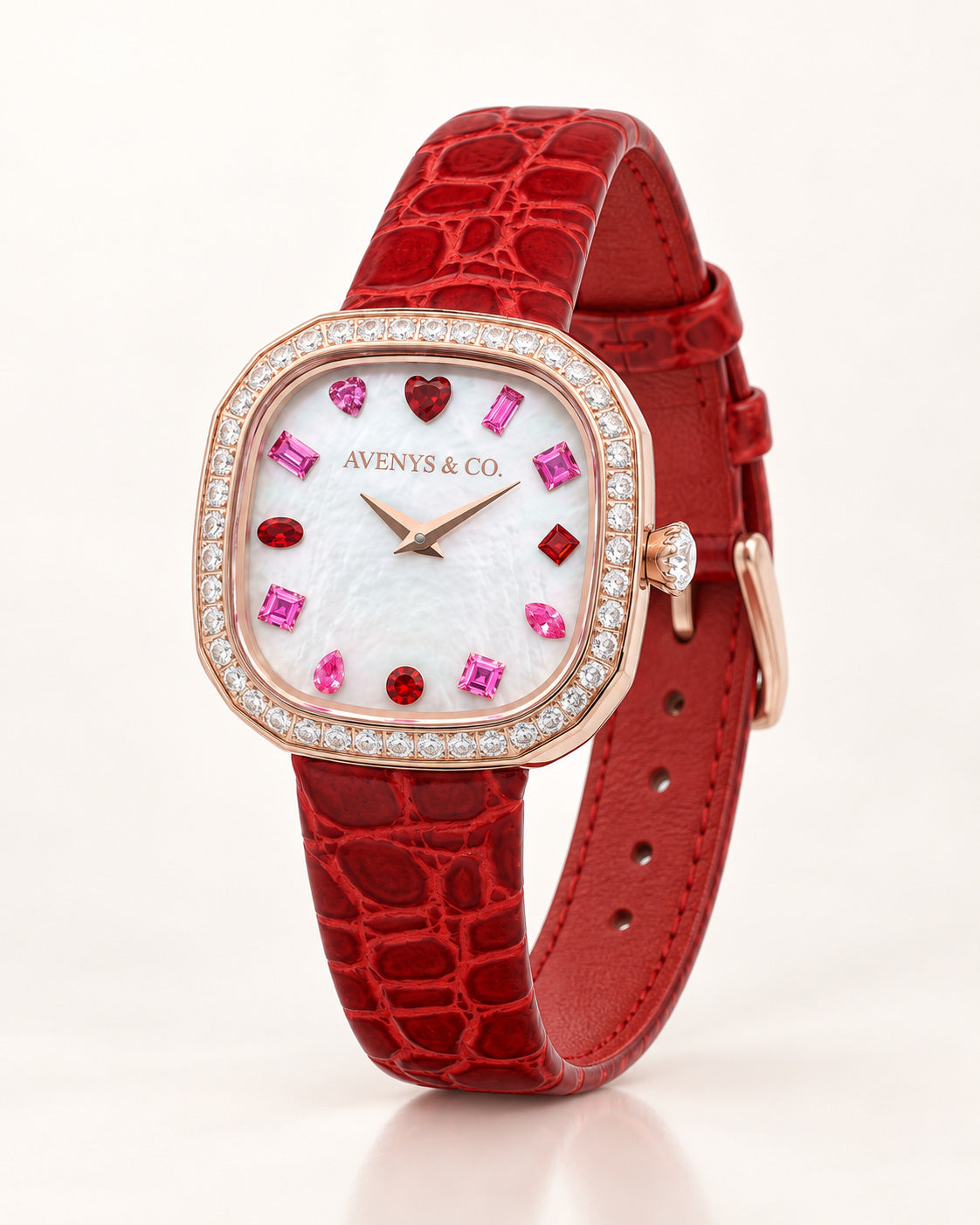 Avenys Capri Scarlet watch, three-quarter view showing the red leather strap and rose gold-tone case