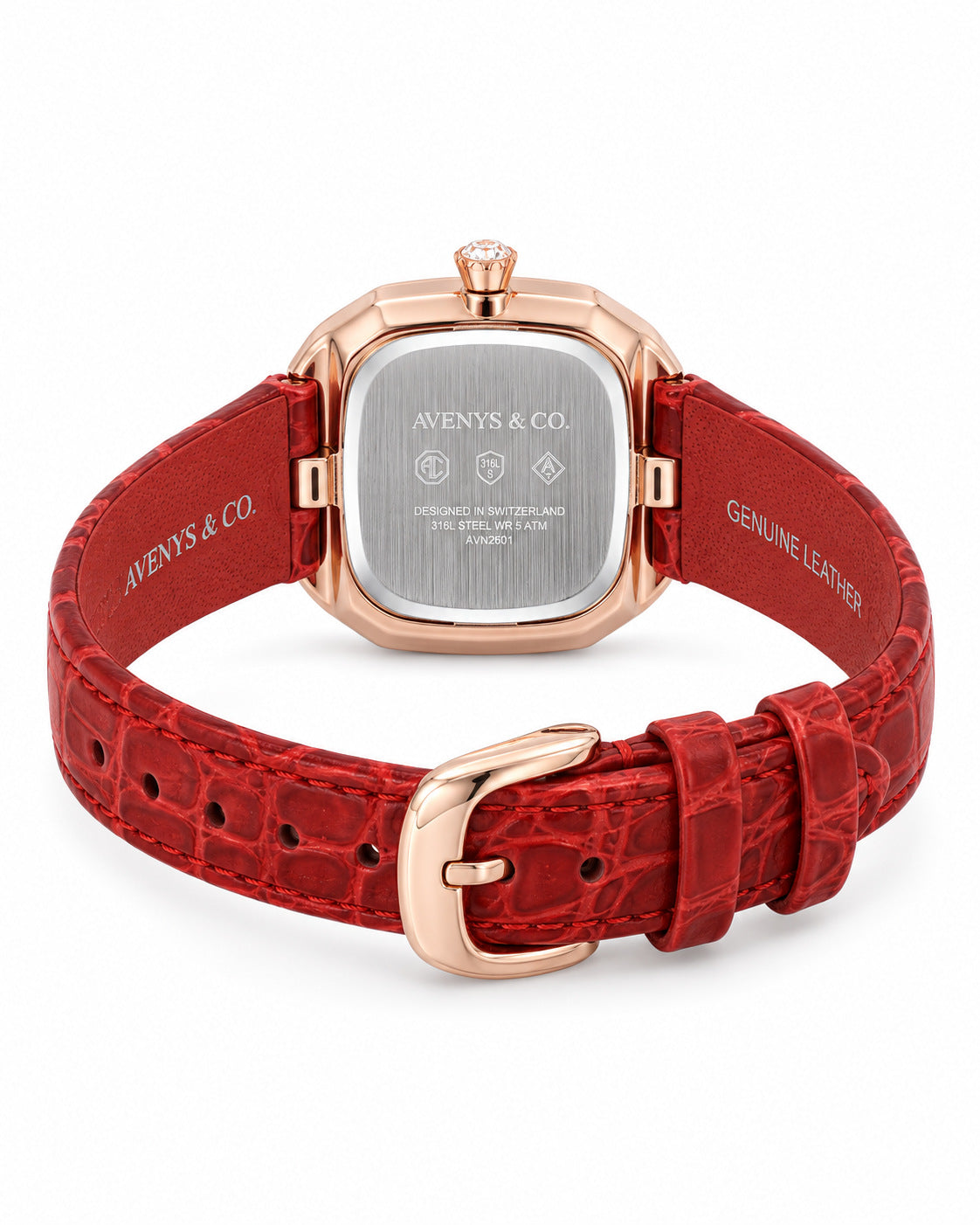 Avenys Capri Scarlet watch, rear view showing the silver-tone caseback, red strap lining and buckle