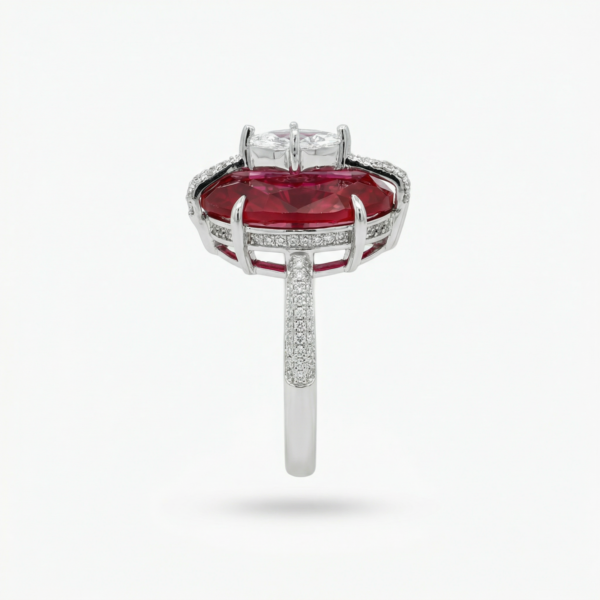 Embrace Queens Ring with Red Oval Stone – on White Gold — additional WEB view