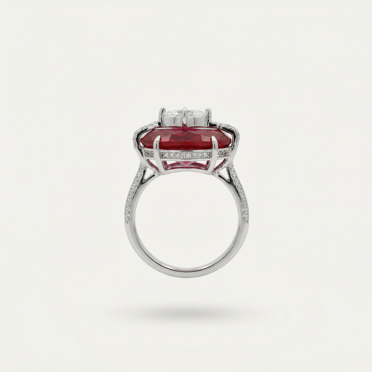 Embrace Queens Ring with Red Oval Stone – on White Gold — additional WEB view