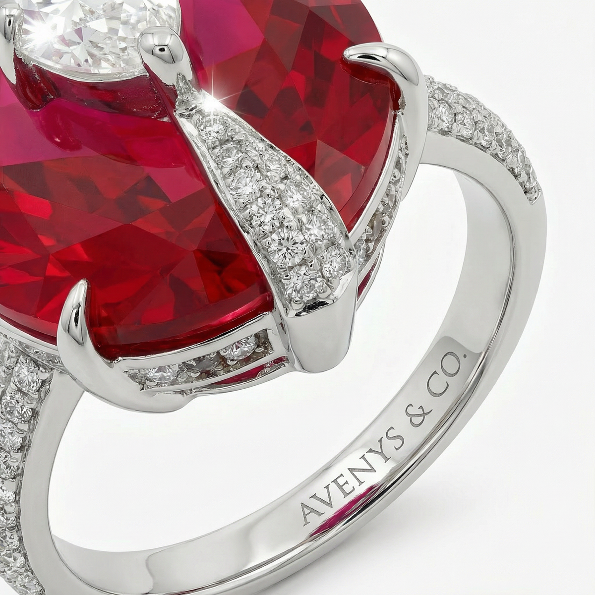 Embrace Queens Ring with Red Oval Stone – on White Gold — additional WEB view