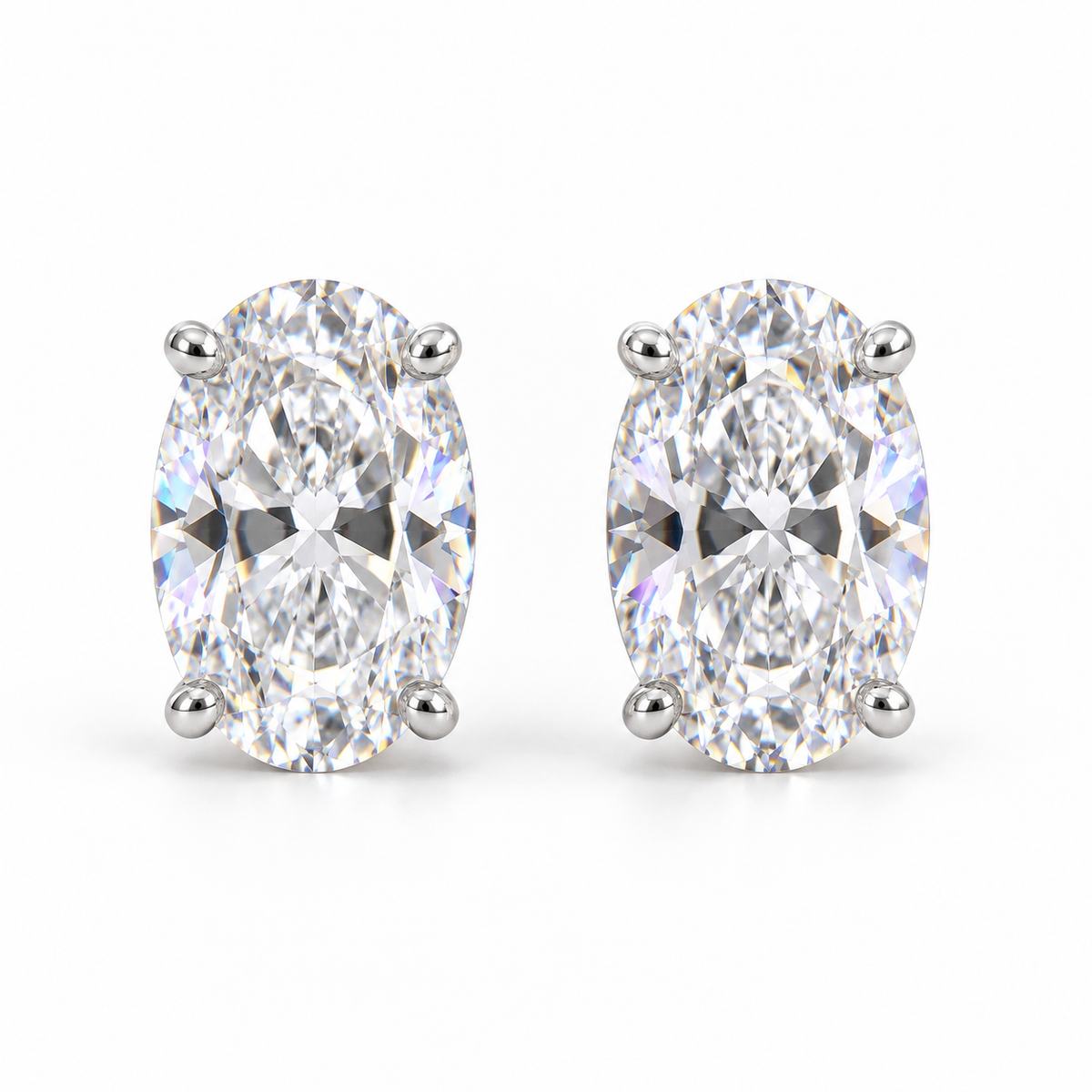 Oval Stud Earrings with White Oval Stone - on White Gold